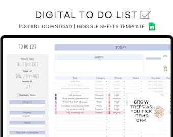 Digital To-Do List Planner – Google Sheets Task Tracker – Productivity Spreadsheet