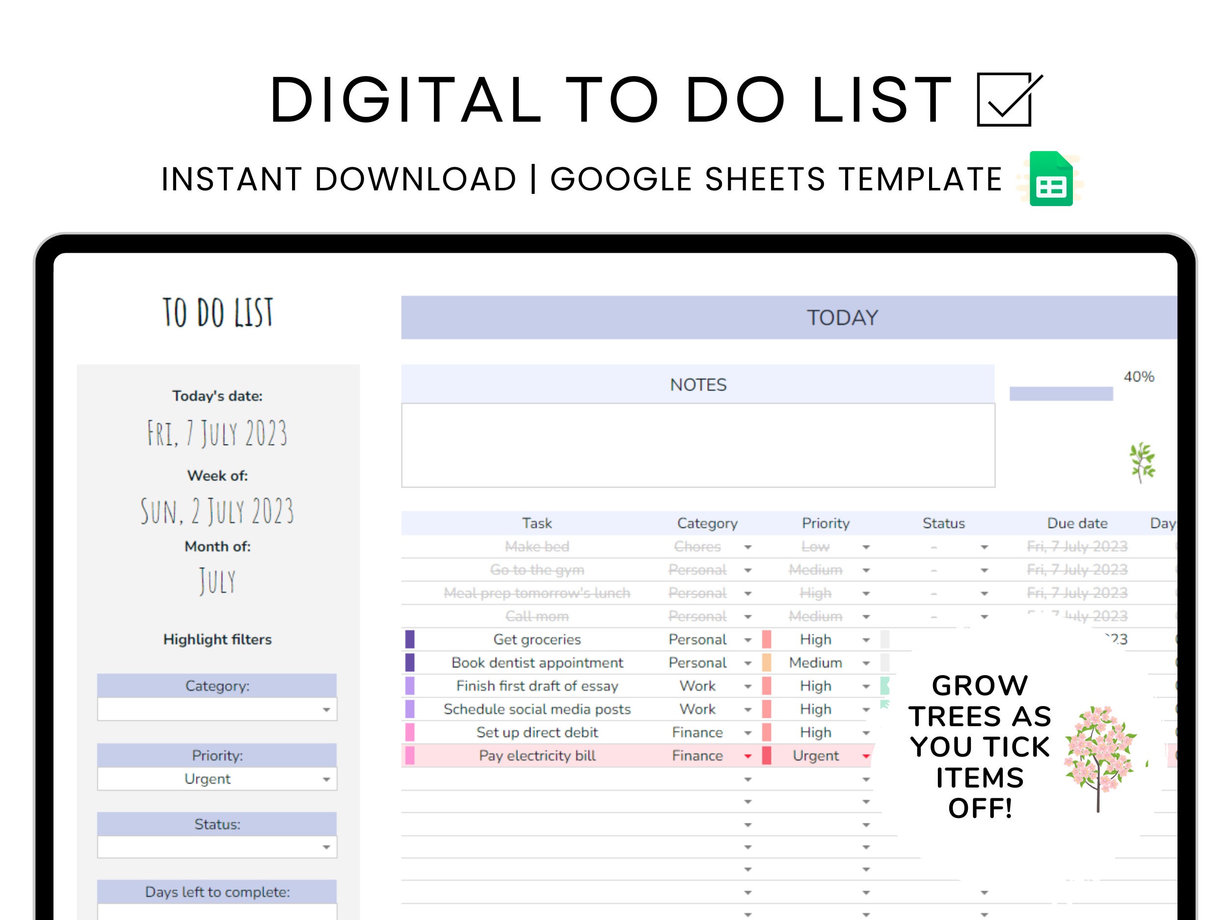 Digital To-do List Planner – Google Sheets Task Tracker – Productivity ...