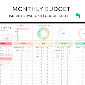 Könnte beinhalten: Eine monatliche Budget-Tabellenvorlage für Google Sheets. Die Vorlage enthält Abschnitte für Einkommen, Ausgaben, Ersparnisse, Rechnungen und Schulden. Die Tabelle ist farbcodiert mit rosa, grünen und gelben Akzenten. Der Text "SEPTEMBER" befindet sich oben in der Tabelle.