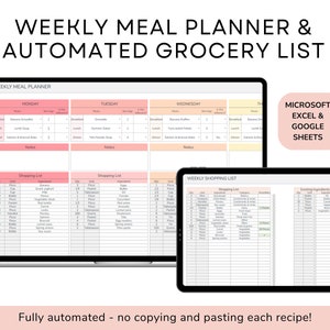 Wekelijkse maaltijdplanner en geautomatiseerde boodschappenlijst | Digitale Excel-sjabloon voor Google Spreadsheets | Receptenboek voor eten bereiden | Afdrukbare planner