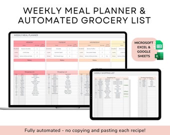 Weekly Meal Planner & Automated Grocery List | Google Sheets Excel Digital Template | Food Prep Recipe Book | Printable Planner