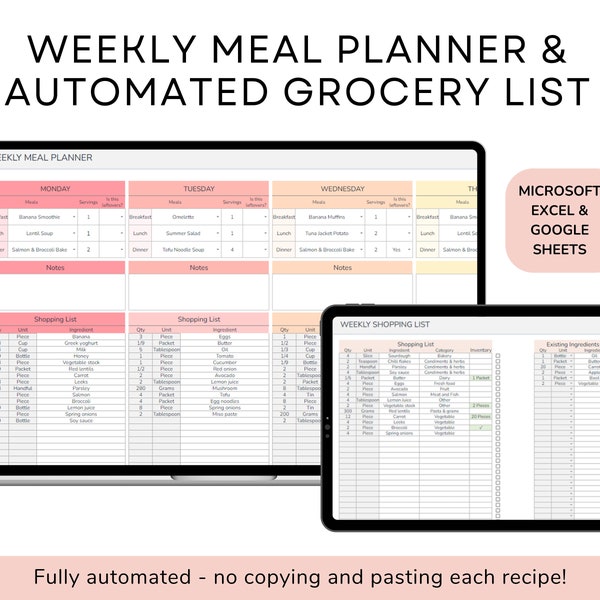 Digitale weekmaaltijdplanner – geautomatiseerde boodschappenlijst – Google Spreadsheets en Excel-sjabloon