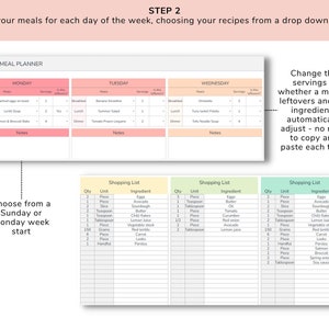 May include: A weekly meal planner with a pink, yellow, and green color scheme. The planner includes a section for each day of the week, with space to list breakfast, lunch, and dinner. There are also sections for notes and a shopping list for each day.