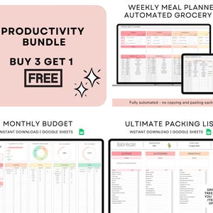 May include: A productivity bundle graphic with the text "Productivity Bundle, Buy 3 Get 1 Free". The image also shows a weekly meal planner, a monthly budget, and an ultimate packing list, all designed for Google Sheets.