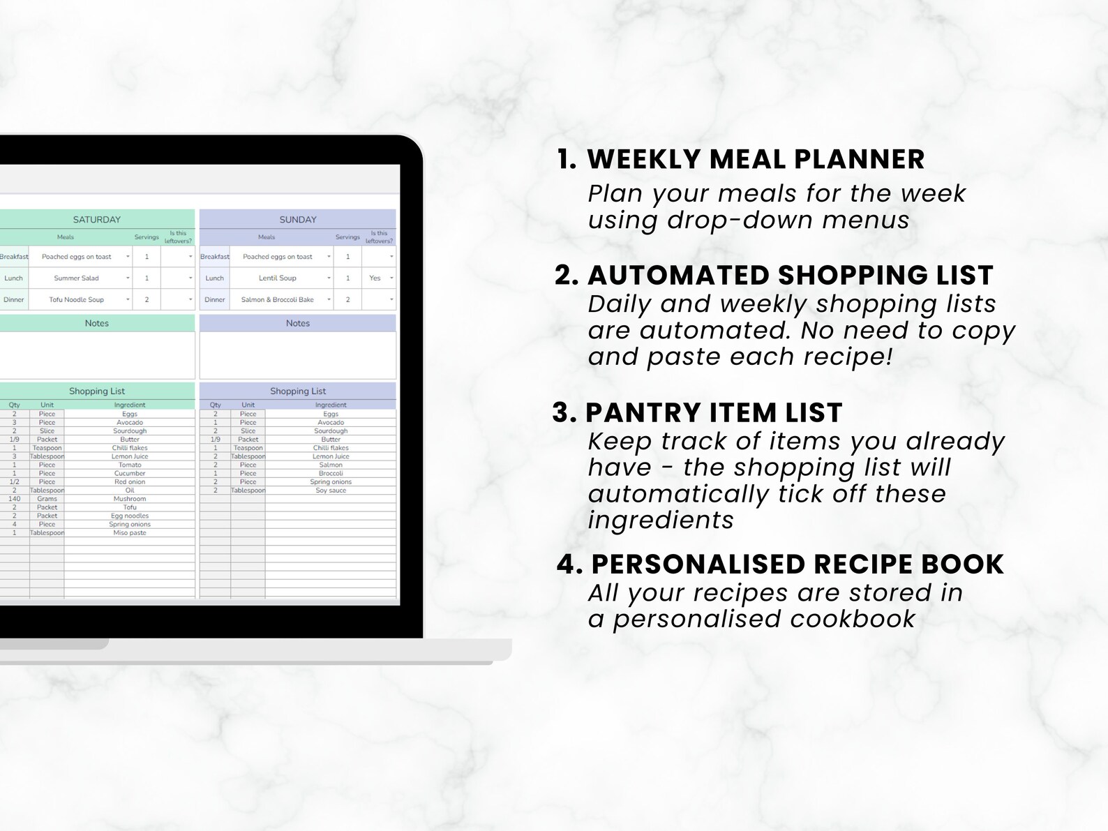 Weekly Meal Planner and Shopping List Excel and Google - Etsy