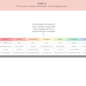 May include: A weekly meal plan template with a pink background and a table listing breakfast, lunch, and dinner options for each day of the week. The days of the week are listed across the top of the table, and the meals are listed down the side. The table includes a list of meals for each day, including poached eggs on toast, banana muffins, omelettes, lentil soup, tuna jacket potato, tomato prawn linguine, salmon and broccoli bake, and tofu noodle soup.