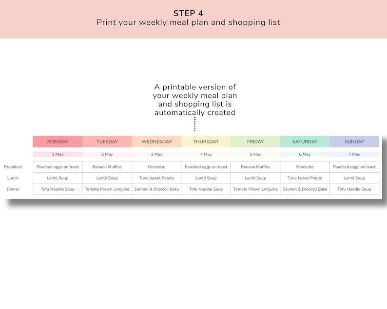 May include: A weekly meal plan template with a pink background and a table listing breakfast, lunch, and dinner options for each day of the week. The days of the week are listed across the top of the table, and the meals are listed down the side. The table includes a list of meals for each day, including poached eggs on toast, banana muffins, omelettes, lentil soup, tuna jacket potato, tomato prawn linguine, salmon and broccoli bake, and tofu noodle soup.