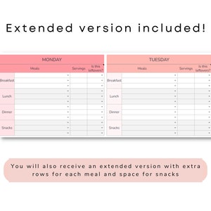 May include: A printable meal planner with a pink background. The planner is divided into two columns, one for Monday and one for Tuesday. Each column has a section for breakfast, lunch, dinner, and snacks. There are columns for meals, servings, and whether the meal is leftovers.