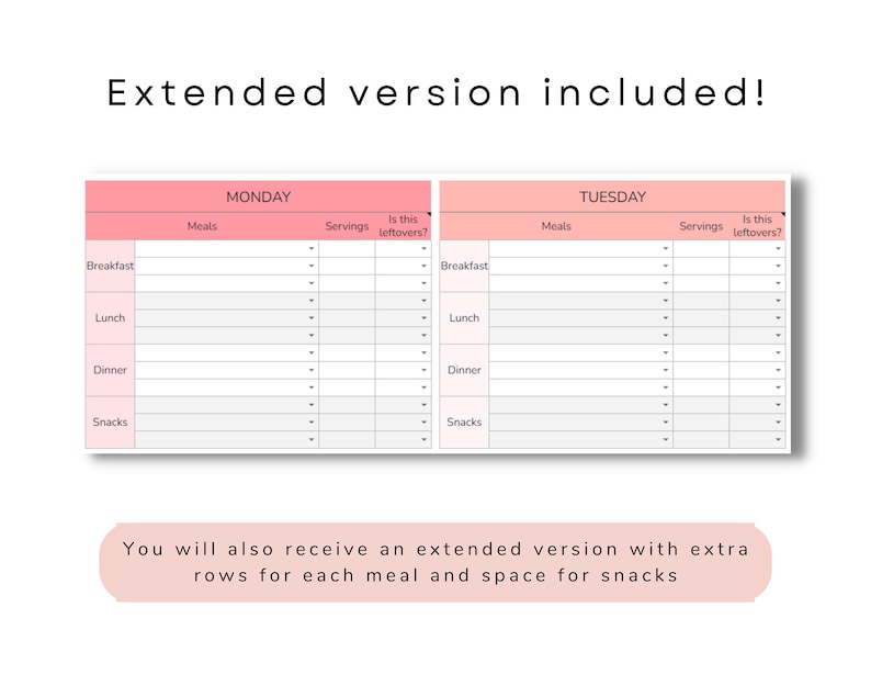 May include: A printable meal planner with a pink background. The planner is divided into two columns, one for Monday and one for Tuesday. Each column has a section for breakfast, lunch, dinner, and snacks. There are columns for meals, servings, and whether the meal is leftovers.