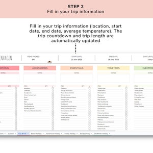 Pu&ograve; includere: Un elenco di controllo di viaggio stampabile con sezioni per abbigliamento, accessori, articoli essenziali, articoli da toeletta ed elettronica. L'elenco di controllo &egrave; progettato per un viaggio a Copenaghen, Danimarca, con una data di inizio il 21 giugno 2023 e una data di fine il 28 giugno 2023. L'elenco di controllo include una sezione per gli articoli confezionati, con una barra di avanzamento che indica il 0% di completamento.