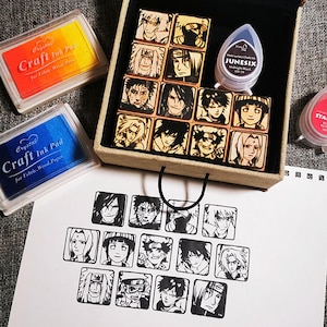 Wooden stamps with Japanese manga kawaii style and handmade, random ink pad offered
