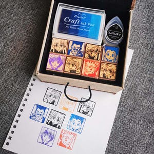 Sellos de madera con estilo manga japonés kawaii y artesanía hecha a mano, almohadilla de tinta aleatoria