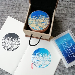 Round wooden stamps with Japanese manga kawaii style and handmade, random ink pad offered