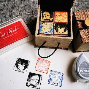 Wooden stamps with Japanese manga kawaii style and handmade, random ink pad offered