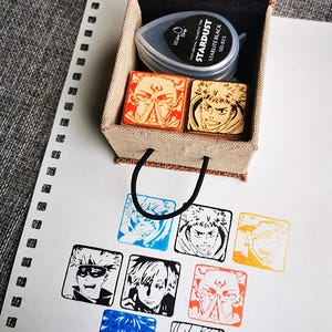 Wooden stamps with Japanese manga kawaii style and handmade, random ink pad offered