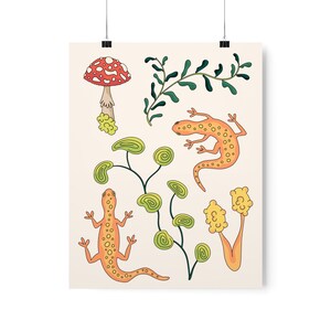 Simple Newt Mushroom & Plants Illustration Print, Botanical Forest Doodle Wall Art Poster, Woodland / Orange Salamander Decor UNFRAMED