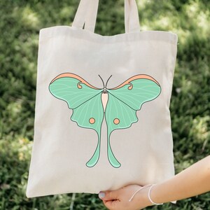 Luna Moth Tote Bag, Green Moon Moth Reusable Bag, Lunar Butterfly Canvas Library Bag, Artsy Cottagecore Gift Idea, Artistic Bug Bag