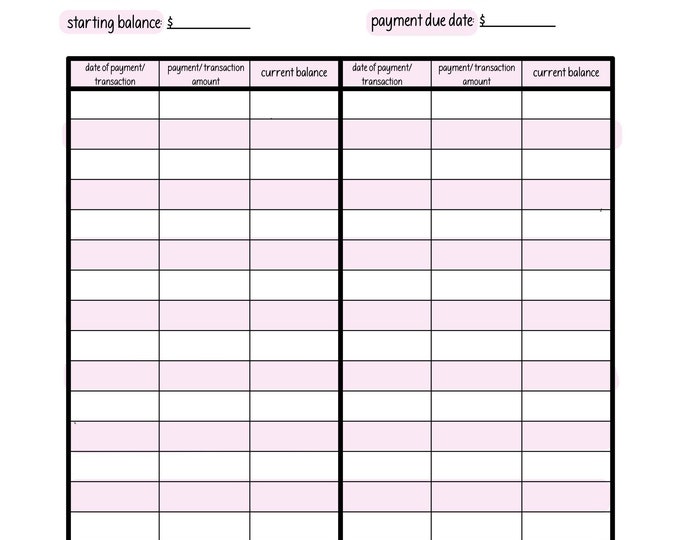 Credit Card Balance Sheet Etsy