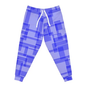 May include: Blue sweatpants with a geometric pattern of overlapping squares.