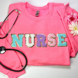 Nurse Sweatshirt for Registered Nurses Sweater for Nurse Crewneck Sweater Nursing School Gift for Nurse Letter Chenille Nurse Patch