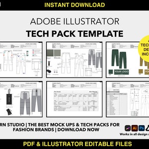 May include: An Adobe Illustrator tech pack template featuring detailed technical drawings of cargo trousers. The image includes the text "Instant Download," "All Technical Details Included," and "PDF & Illustrator Editable Files."