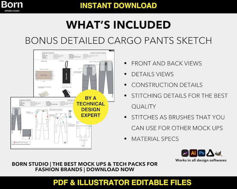 Editable Blank Tech Pack Template, BONUS Editable Cargo Pants Tech Pack ...