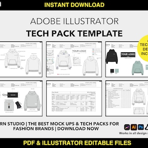 May include: An advertisement for an Adobe Illustrator tech pack template. The image shows mock-ups of apparel designs, including hoodies and accessories. Text includes "Instant Download," "All Technical Details Included," and "PDF & Illustrator Editable Files."