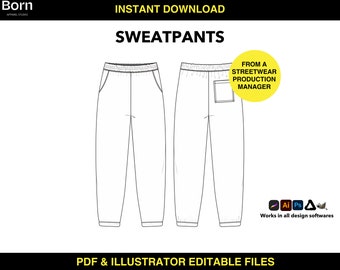 Mode Jogginghose Mock Up Vorlage, bearbeitbares Activewear Hose Mockup für Bekleidungsdesigner, Streetwear Illustrator CAD-Datei