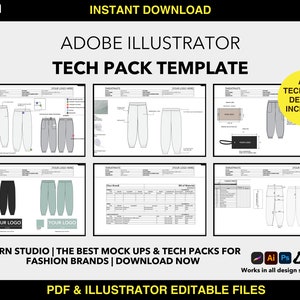 May include: An Adobe Illustrator tech pack template featuring detailed diagrams of sweatpants in various colours. The image includes the text "Instant Download," "All Technical Details Included," and "PDF & Illustrator Editable Files."
