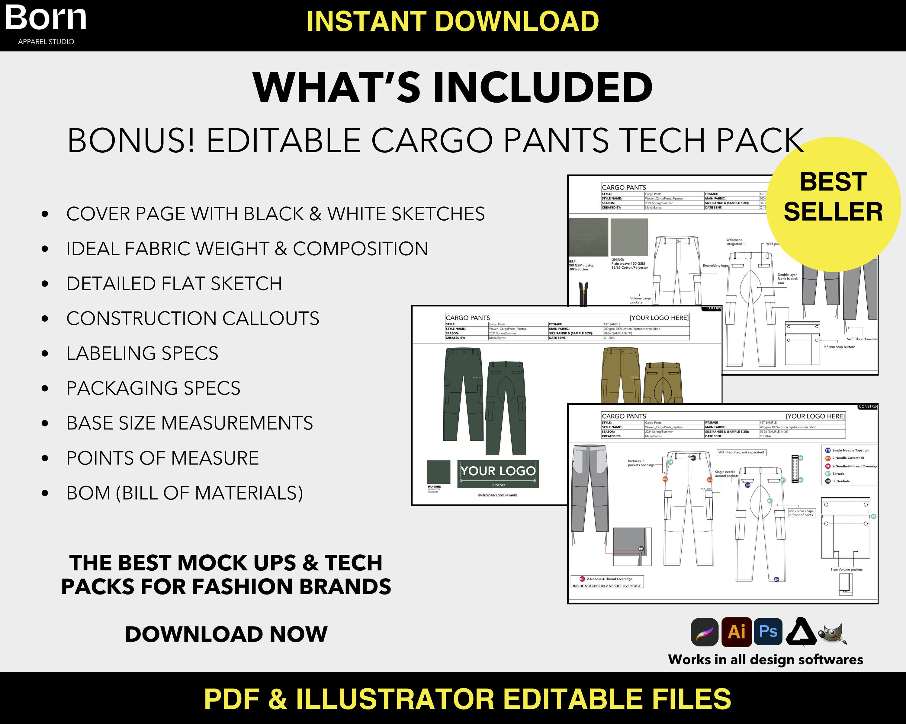 Editable Blank Tech Pack Template, BONUS Editable Cargo Pants Tech Pack ...