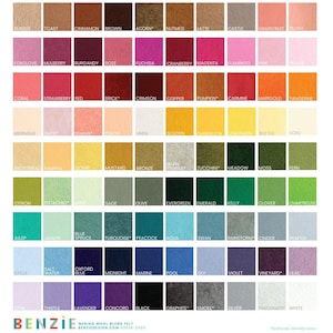May include: A color chart of 100 felt squares, each with a different color and name. The colors are arranged in rows and columns, and the names are printed below each square. The colors range from light to dark, and from warm to cool.