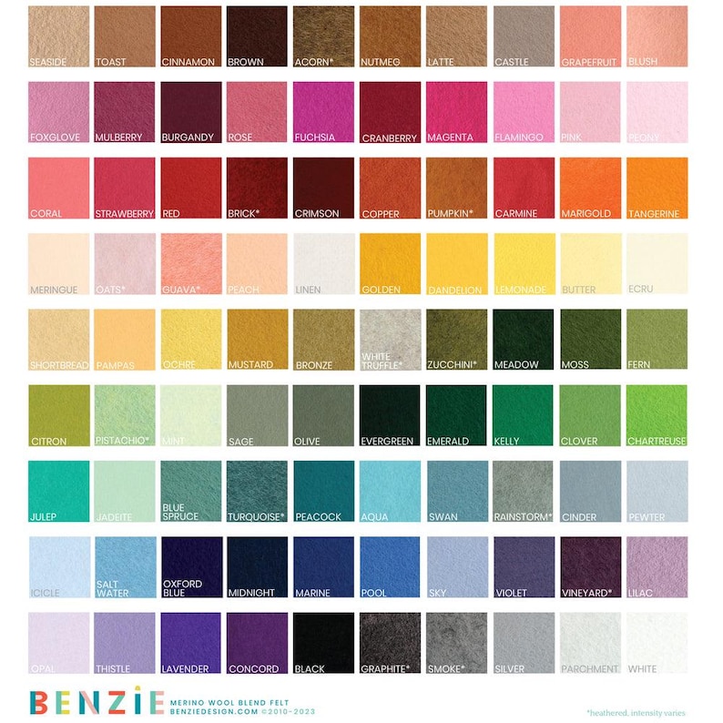 May include: A color chart of 100 felt squares, each with a different color and name. The colors are arranged in rows and columns, and the names are printed below each square. The colors range from light to dark, and from warm to cool.
