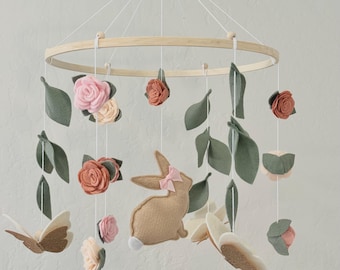 Flower Baby Mobile, Baby Shower Gift For Girl Garden Nursery, Flower Decor, Cottage Nursery Baby Mobile, Leaf Baby Mobile, Bunny Baby Mobile