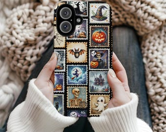 May include: A phone case featuring a collage of Halloween-themed postage stamp designs. The stamps depict pumpkins, bats, witches, ghosts, and haunted houses in shades of orange, black, and purple. The case has a glossy finish.