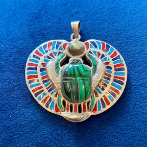 Large Winged Malachite Scarab Pendant Solid 925 Silver
