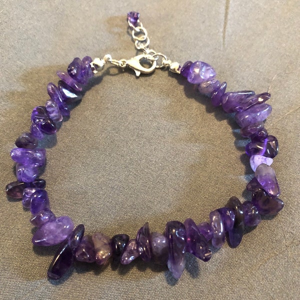 Natural Amethyst Crystal Bead Bracelet With Stainless Steel Silver Hypoallergenic Metal Hardware and Lobster Clasp