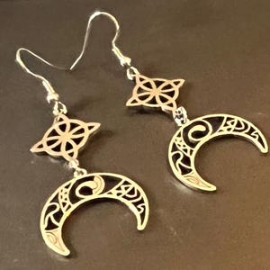 Crescent Triple Moon Goddess Hypoallergenic Silver Stainless Steel Dangle Earrings - Handmade - Lightweight