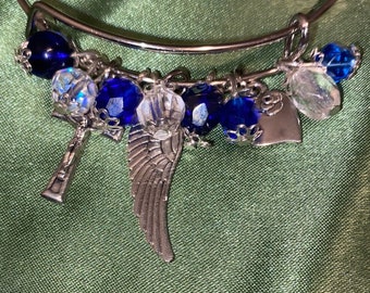 Stainless Steel Bangle with Glass Blue and Clear Crystal Beads & Charms