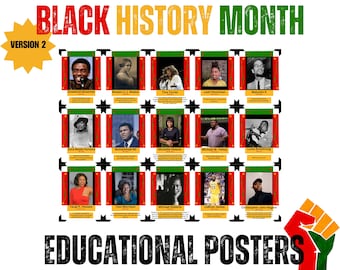 May include: A colorful poster set celebrating Black History Month with portraits of notable figures like Chadwick Boseman, Madam C.J. Walker, Tina Turner, and more. The posters feature a red, black, and green color scheme and the text "EDUCATIONAL POSTERS".
