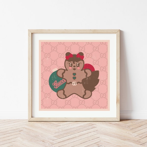 Retro Christmas Art / Pastel Holiday / Vintage Gingerbread Girl / Pink Decor / MCM Christmas / Fashion Art / Modern Christmas / Home Decor