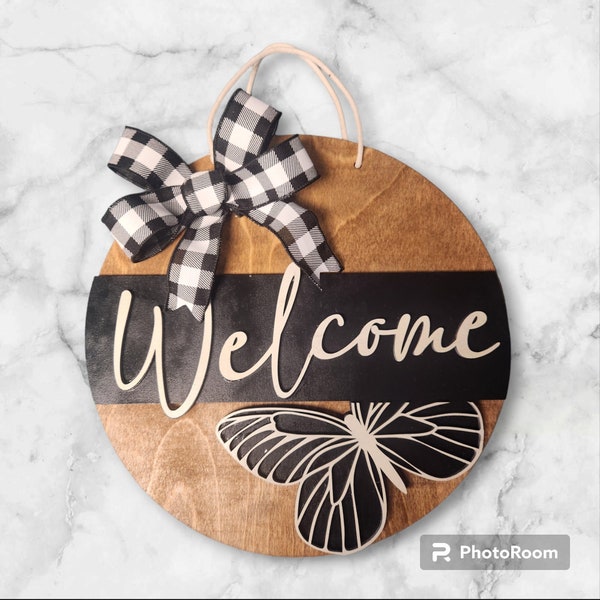 Welcome Butterfly sign, Spring decoration, Wood Door sign, round door sign, Spring sign, spring door hanger, black and white, welcome sign