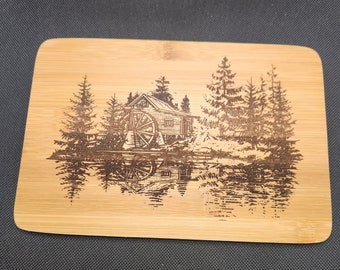 Mini Bamboo Cutting Board, Charcuterie serving board, water mill, forest landscape, Engraved cutting board, Kitchen, Home,