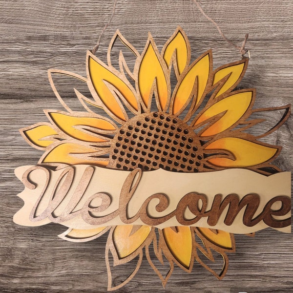 Sunflower welcome sign, Spring decoration, Wood Door sign, round door sign, Spring sign, spring door hanger, sunflower sign, welcome sign