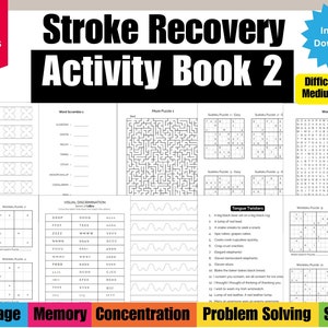 Op de afbeelding: Een zwart-wit printbaar activiteitenboek met de titel "Stroke Recovery Activity Book 2" en de tekst "300 Oefeningen" en "Moeilijkheidsgraad Gemiddeld tot Moeilijk". Het boek bevat een verscheidenheid aan activiteiten zoals woordspelletjes, doolhoven, Sudoku-puzzels, woordzoekers, visuele discriminatie en tongbrekers.