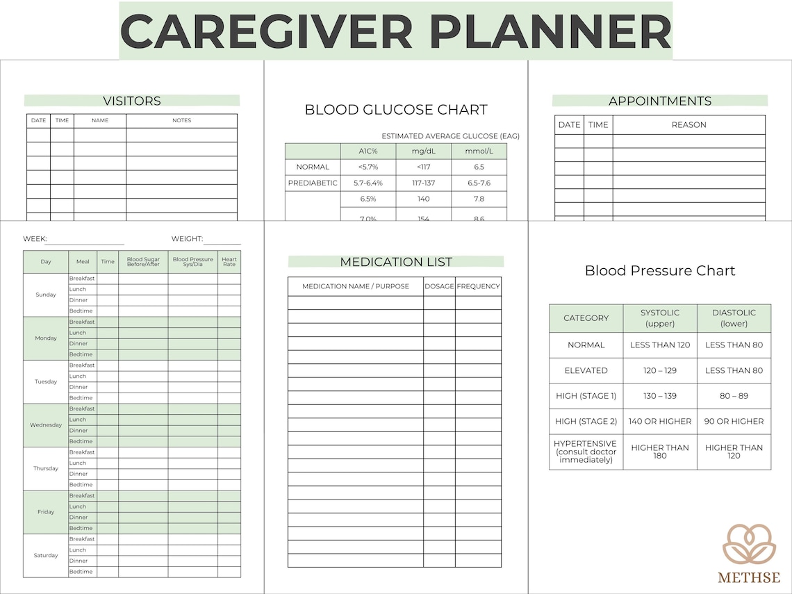 Caregiver Planner, Daily Log Checklist, Caregiver Guide Worksheet Form ...