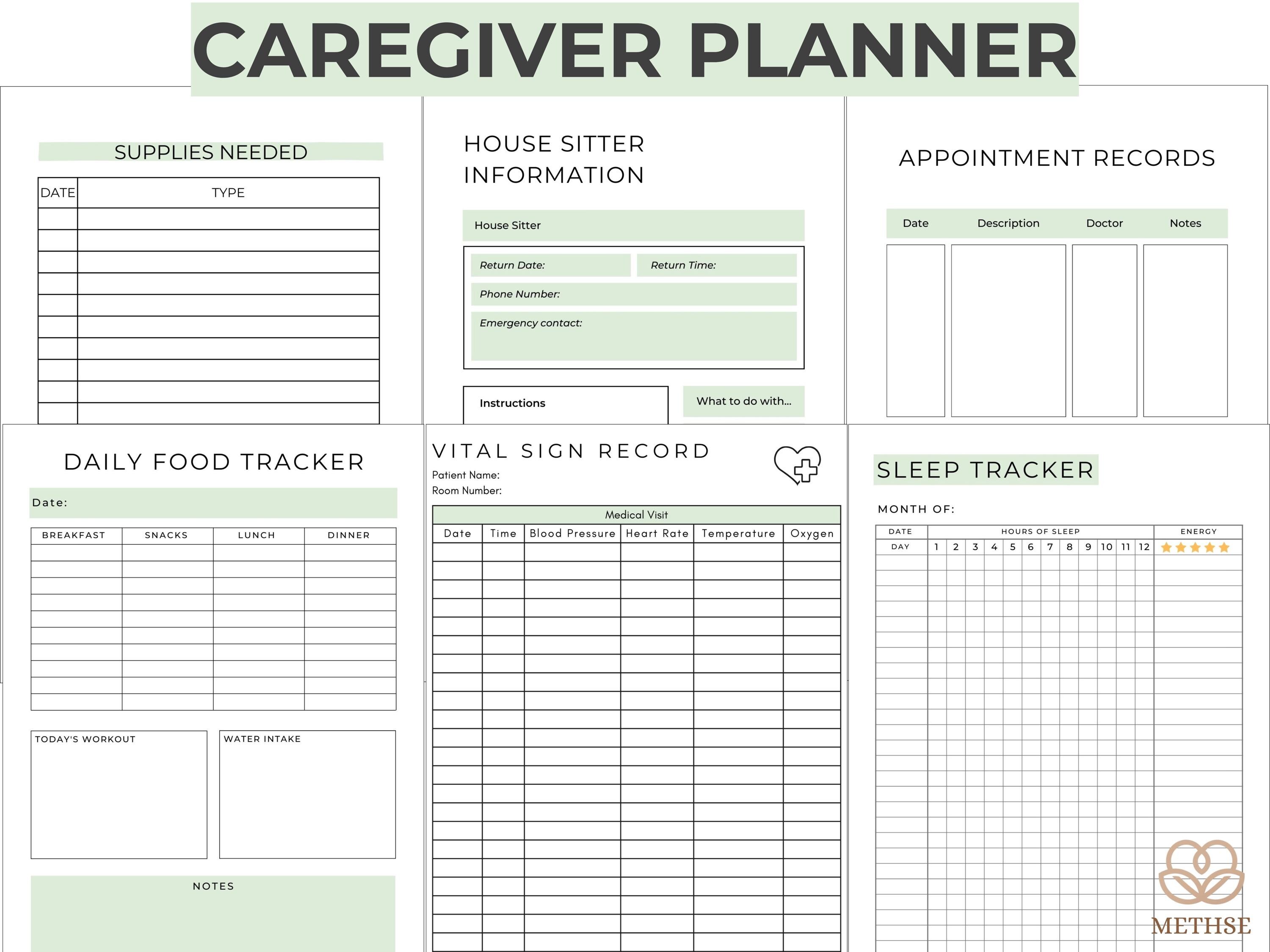 Caregiver Planner, Daily Log Checklist, Caregiver Guide Worksheet Form ...