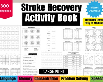 Stroke Recovery Activity Book For Seniors, Large Print Word Search Puzzle Adult, Word Scramble, Mazes, Sudoku, Printable