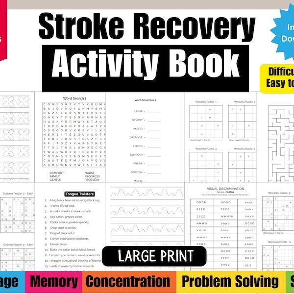 Beroerte herstel activiteitenboek voor senioren, grote letter Woordzoekpuzzel volwassene, Word Scramble, doolhoven, Sudoku, afdrukbaar