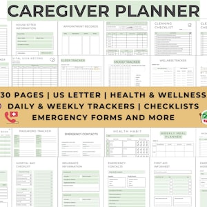 Op de afbeelding: Een printbare planner voor verzorgers, met 30 pagina's aan checklists, trackers en noodformulieren. De planner bevat secties voor dagelijkse voedseltracking, slaaptracking, stemmingstracking, welzijns-tracking, geestelijke gezondheid, wekelijkse agenda, wachtwoordtracker, noodcontacten, gezondheidsgewoonten, wekelijkse maaltijdplanner, medicijnentracker, verzorgingsinstructies, ziekenhuistas-checklist, verzekeringsinformatie, noodcontacten en EHBO-informatie. De planner is ontworpen om verzorgers te helpen georganiseerd en voorbereid te blijven.
