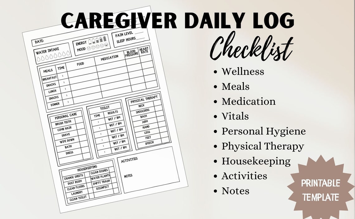 Caregiver Daily Log Checklist: Printable Task Template (digital ...